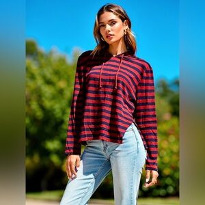 NWT Generation Love Red Navy Striped Hooded Knit Top Hoodie Tee M